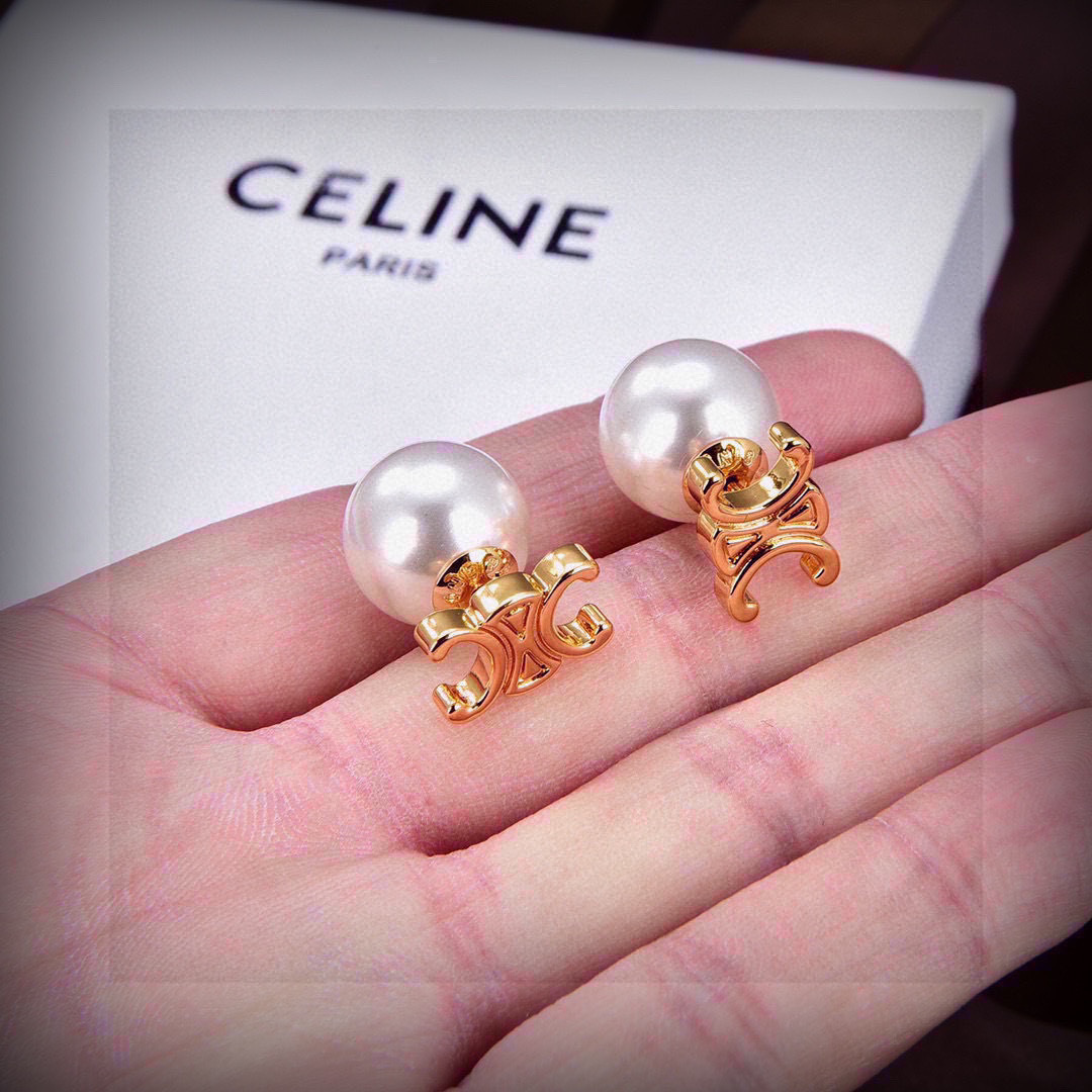 Celine Triomphe Pearl Stud Earrings earrings gold-tone metal white pearl 10mm pearl diameter