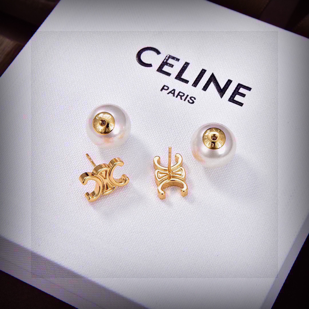 Celine Triomphe Pearl Stud Earrings earrings gold-tone metal white pearl 10mm pearl diameter