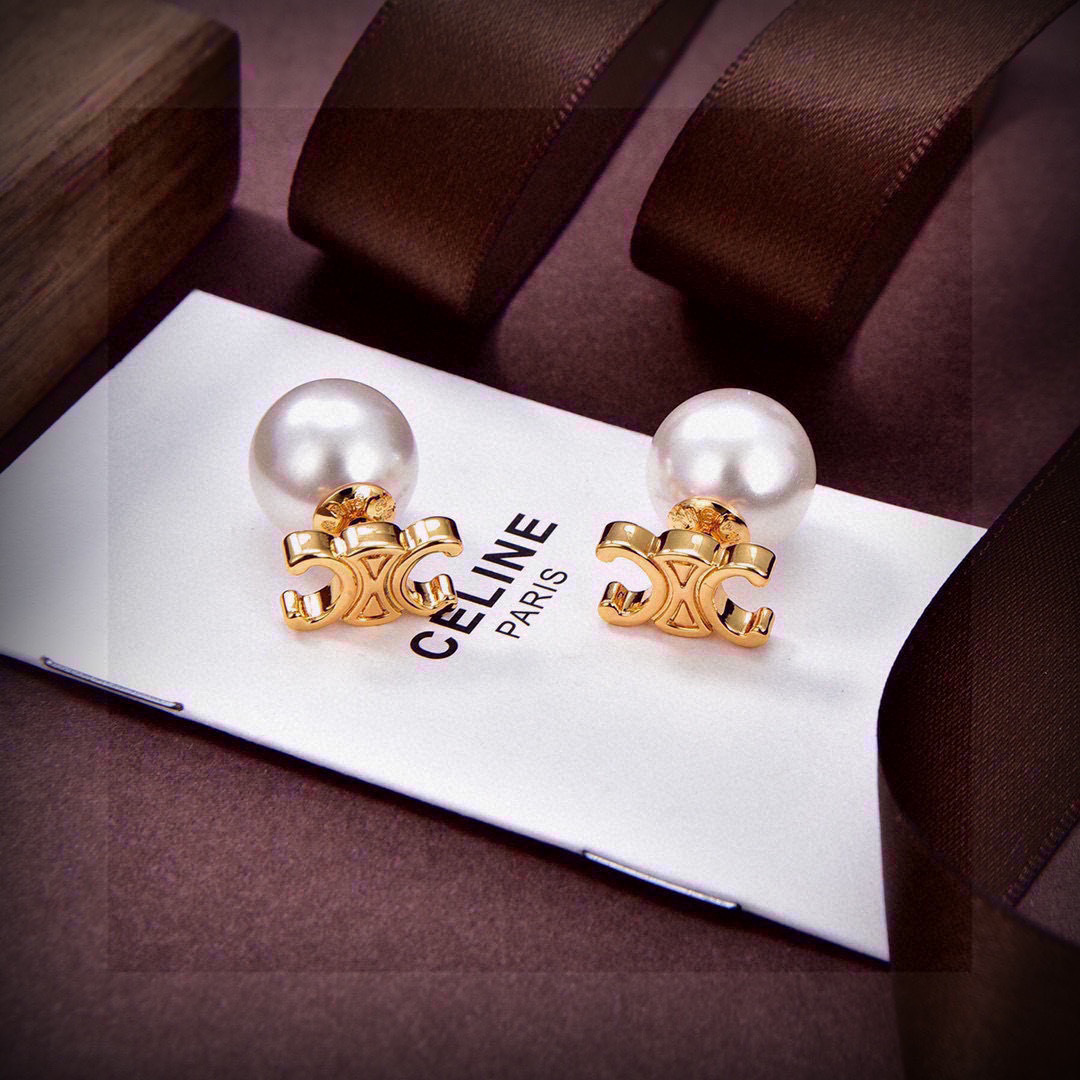 Celine Triomphe Pearl Stud Earrings earrings gold-tone metal white pearl 10mm pearl diameter