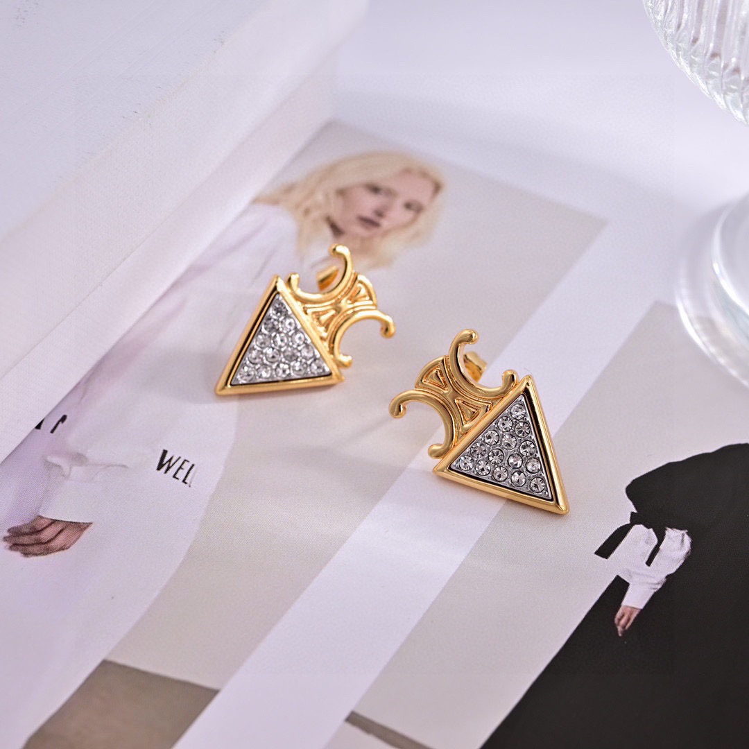 Celine Triomphe Precious Triangular Crystal Stud Earrings earrings gold-tone metal with clear pave crystals 1 8cm length