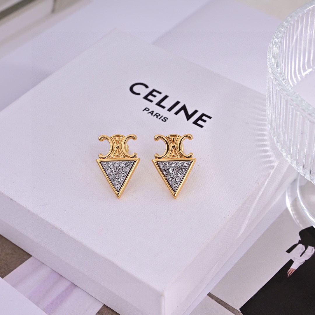 Celine Triomphe Precious Triangular Crystal Stud Earrings earrings gold-tone metal with clear pave crystals 1 8cm length