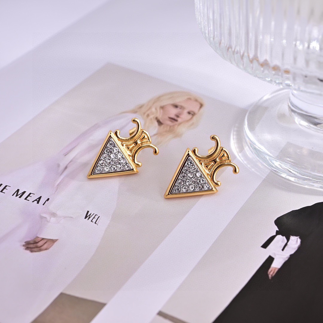 Celine Triomphe Precious Triangular Crystal Stud Earrings earrings gold-tone metal with clear pave crystals 1 8cm length