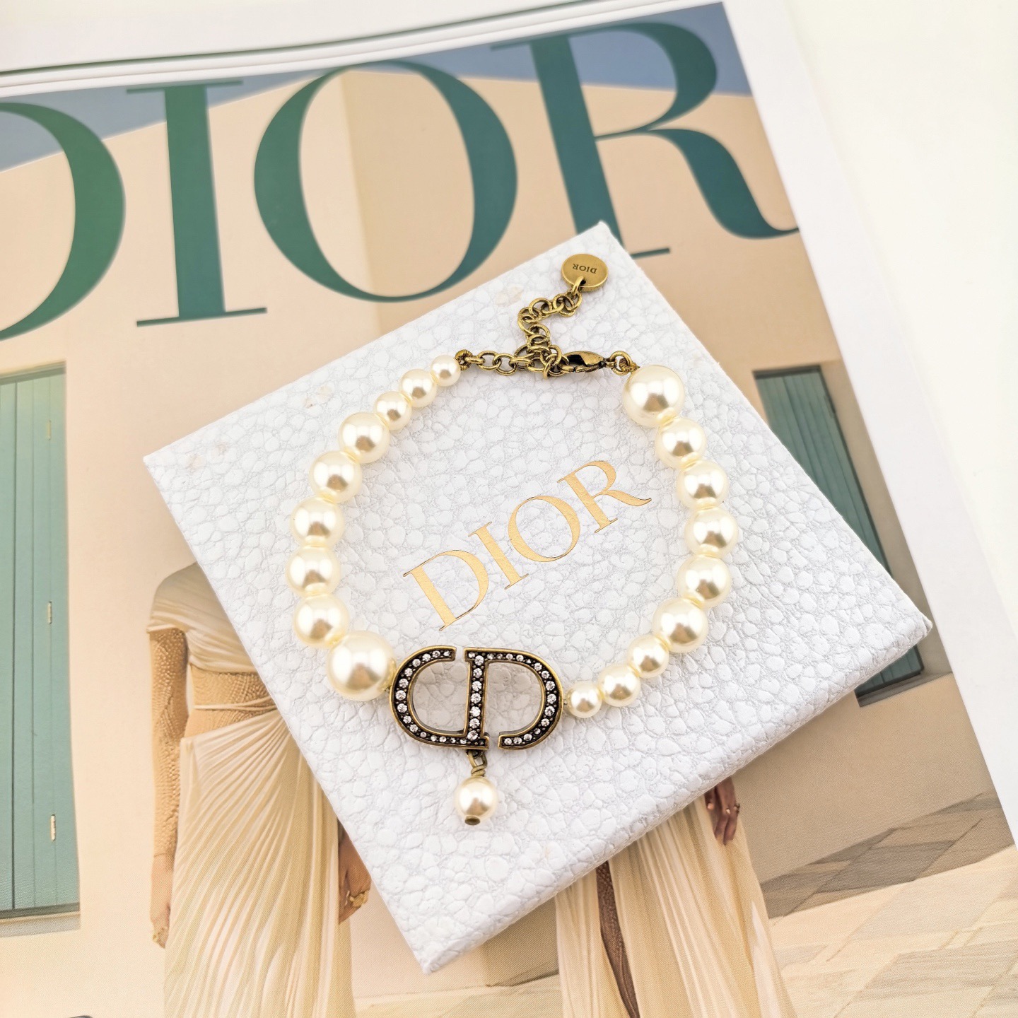 Dior 30 Montaigne CD Pearl Bracelet bracelet antique gold metal white resin pearls clear crystal accents 17cm with 3cm extender chain