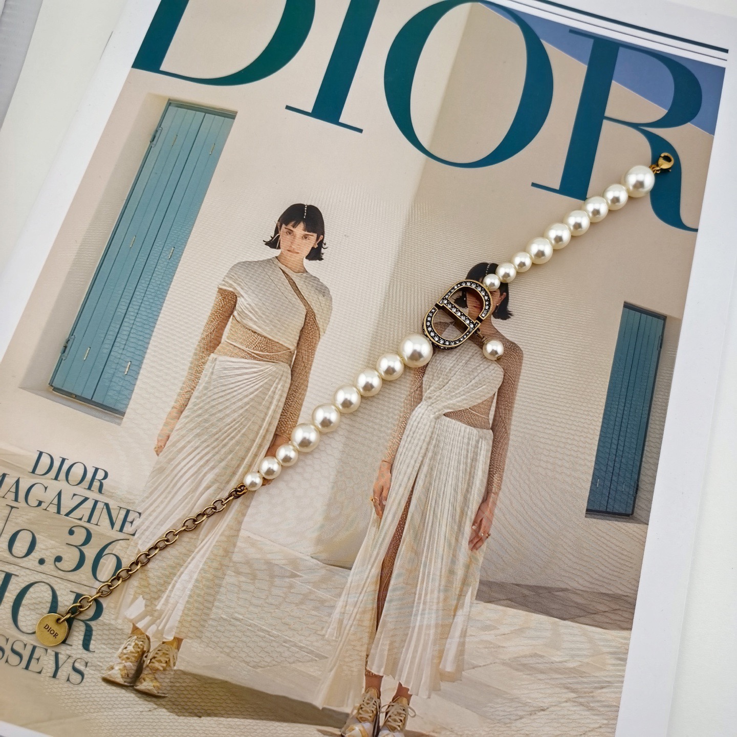 Dior 30 Montaigne CD Pearl Bracelet bracelet antique gold metal white resin pearls clear crystal accents 17cm with 3cm extender chain