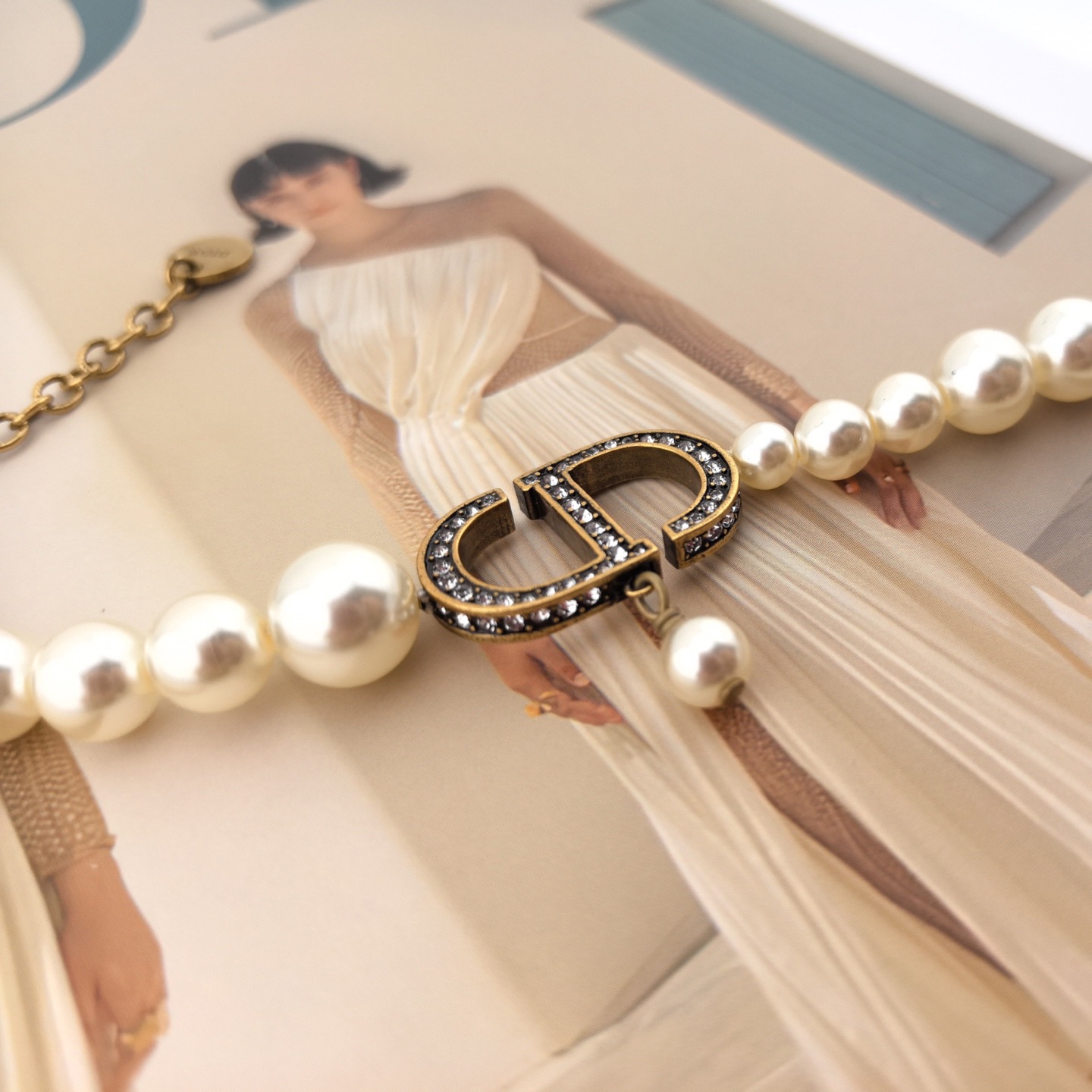 Dior 30 Montaigne CD Pearl Bracelet bracelet antique gold metal white resin pearls clear crystal accents 17cm with 3cm extender chain