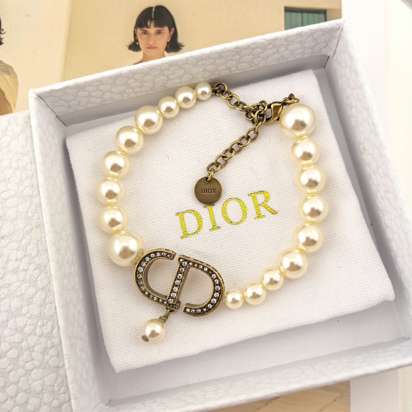Dior 30 Montaigne CD Pearl Bracelet bracelet antique gold metal white resin pearls clear crystal accents 17cm with 3cm extender chain