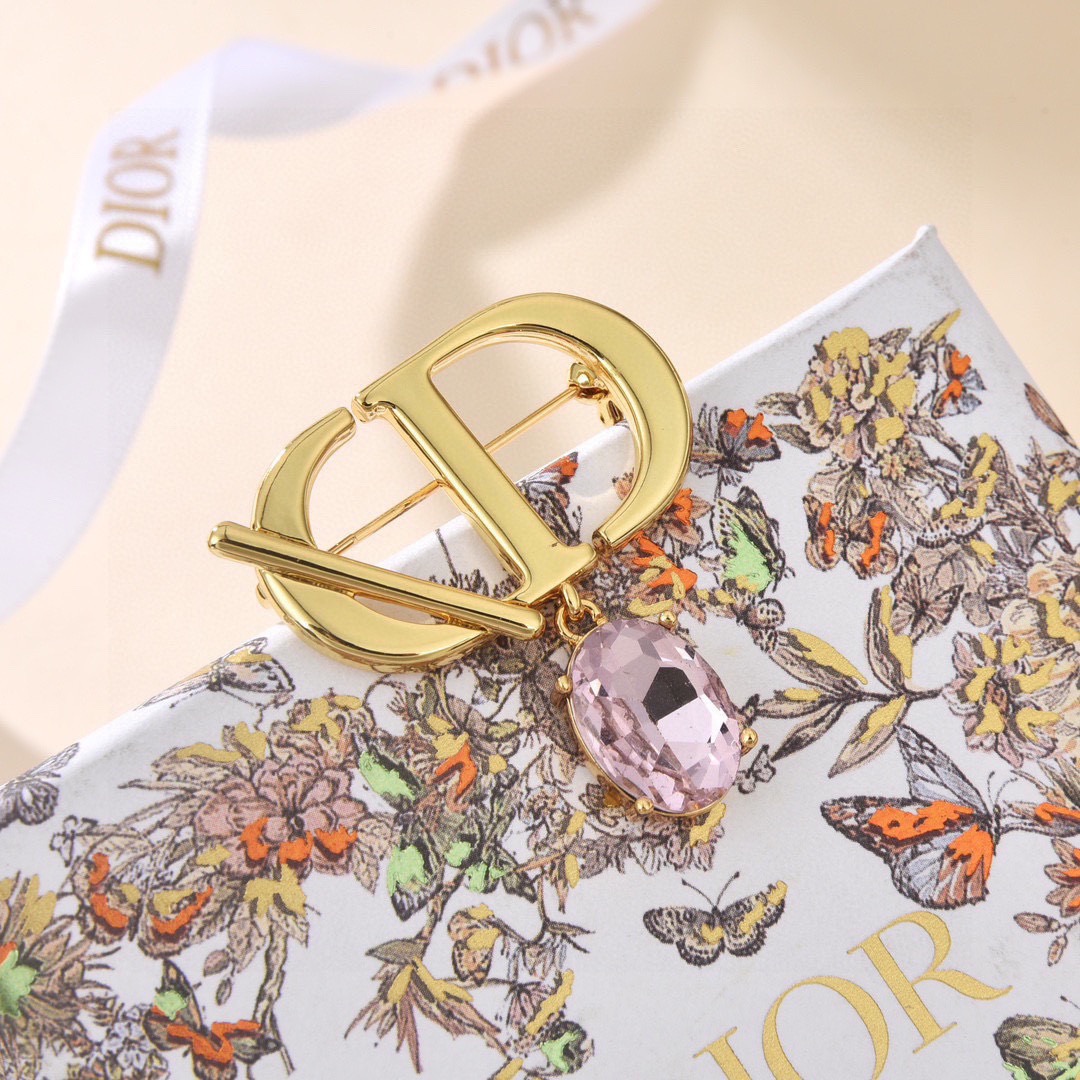 Dior CD Logo Pink Crystal Brooch brooch gold-tone metal light pink faceted crystal 3 5cm width