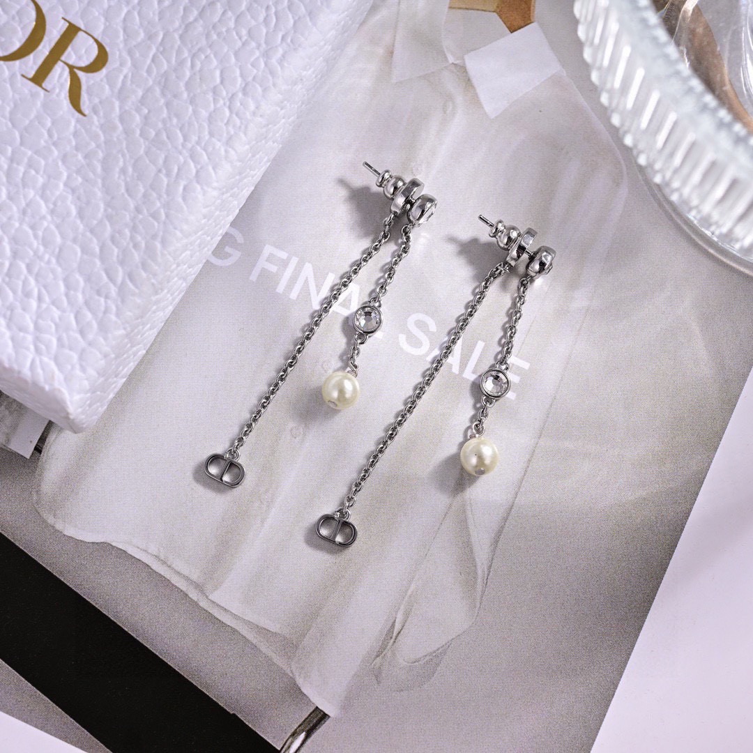Dior Petit CD Treasure earrings gold-tone metal with white resin pearls and silver-tone crystal accents 6cm drop length