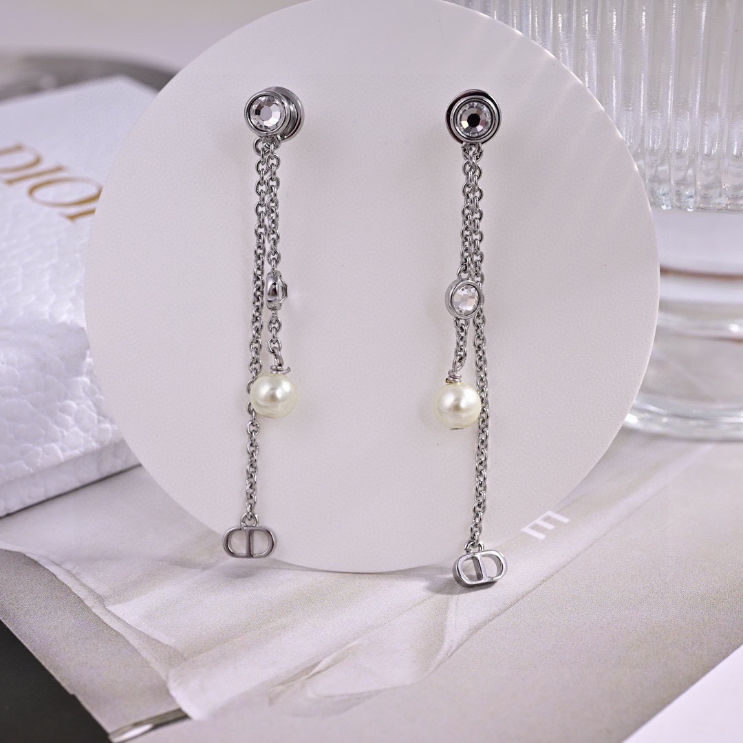 Dior Petit CD Treasure earrings gold-tone metal with white resin pearls and silver-tone crystal accents 6cm drop length