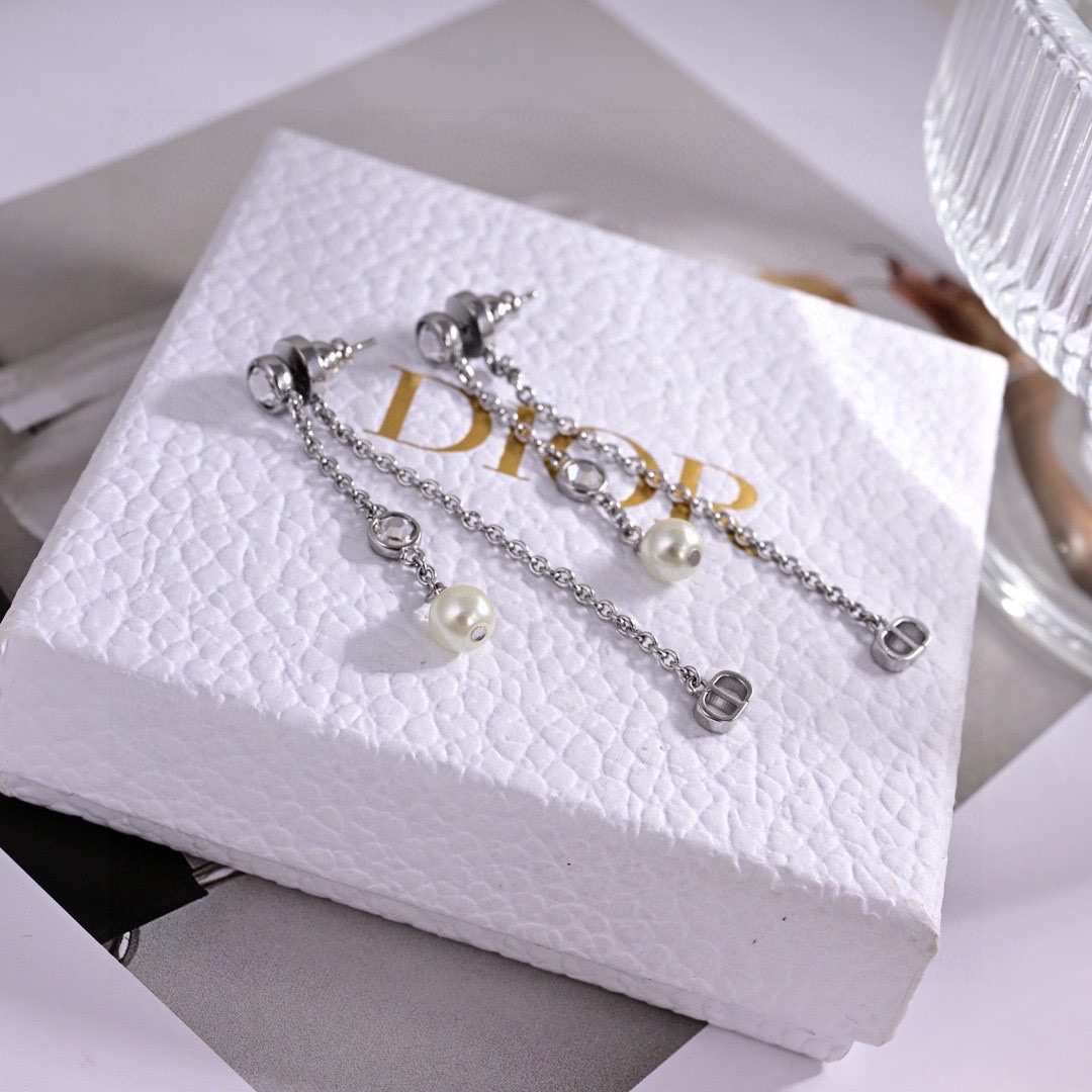 Dior Petit CD Treasure earrings gold-tone metal with white resin pearls and silver-tone crystal accents 6cm drop length