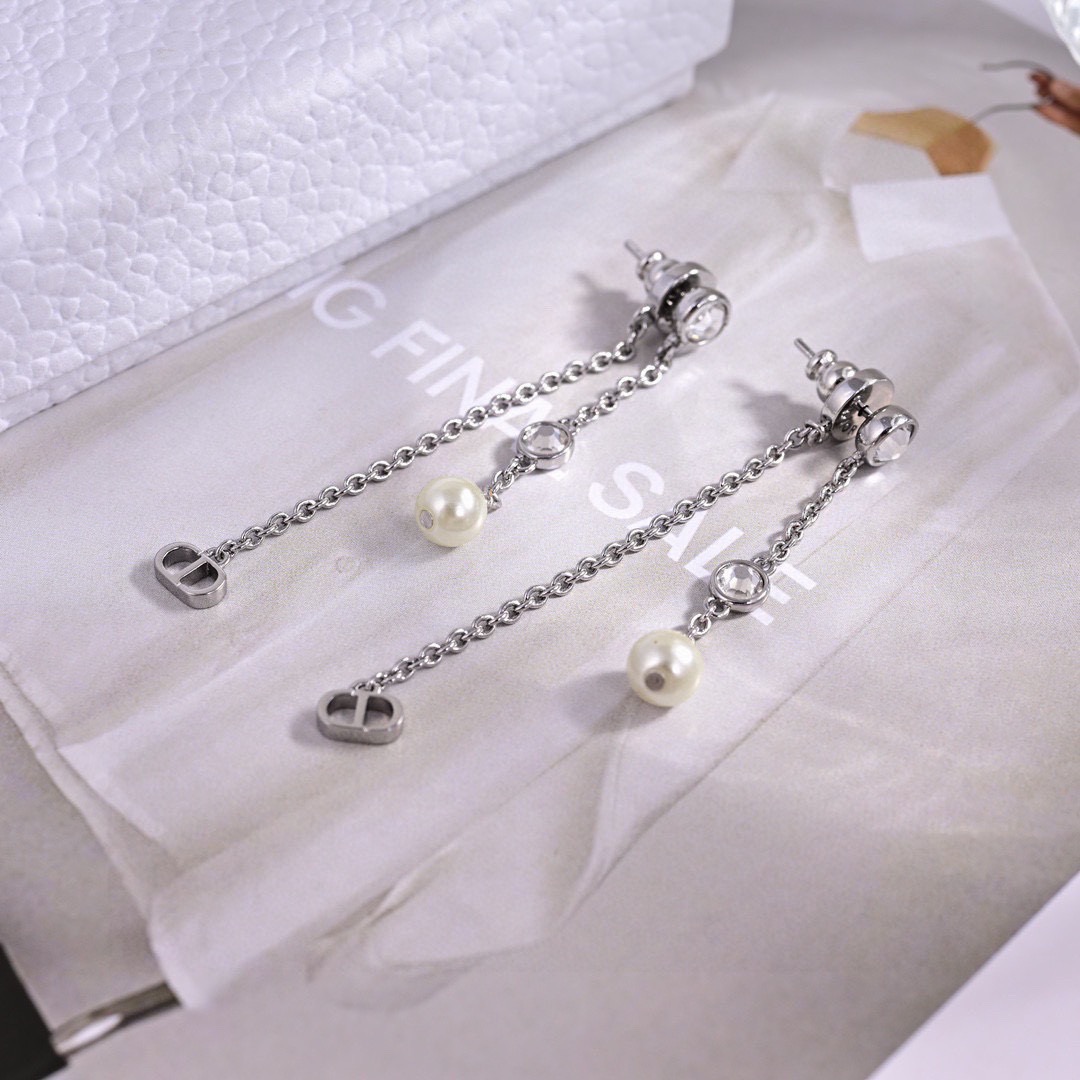 Dior Petit CD Treasure earrings gold-tone metal with white resin pearls and silver-tone crystal accents 6cm drop length