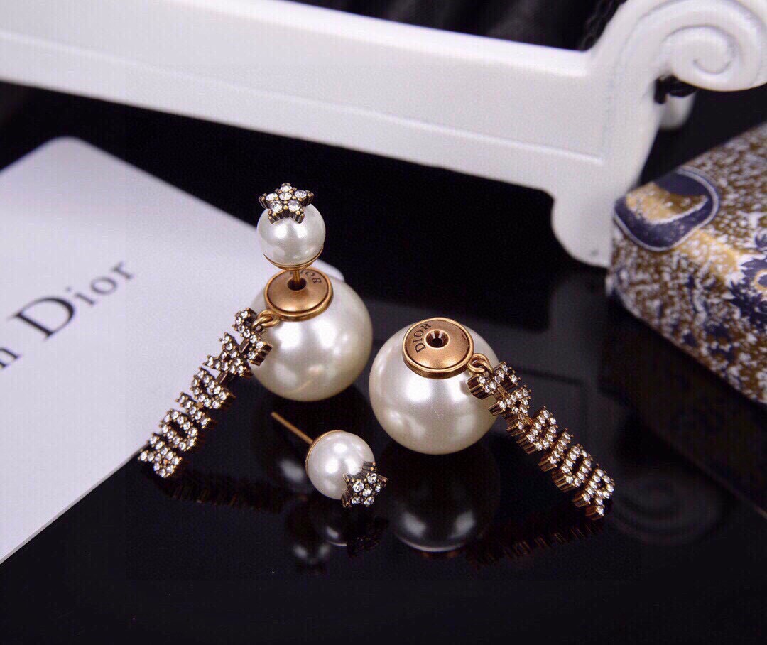 Dior Tribales earrings antique gold-tone metal white resin pearls clear crystal accents 3 5cm drop length