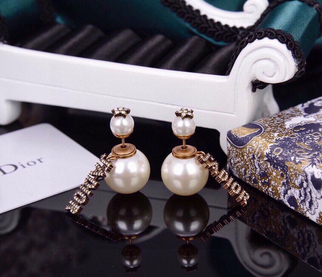 Dior Tribales earrings antique gold-tone metal white resin pearls clear crystal accents 3 5cm drop length