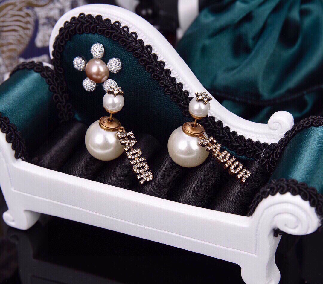 Dior Tribales earrings antique gold-tone metal white resin pearls clear crystal accents 3 5cm drop length