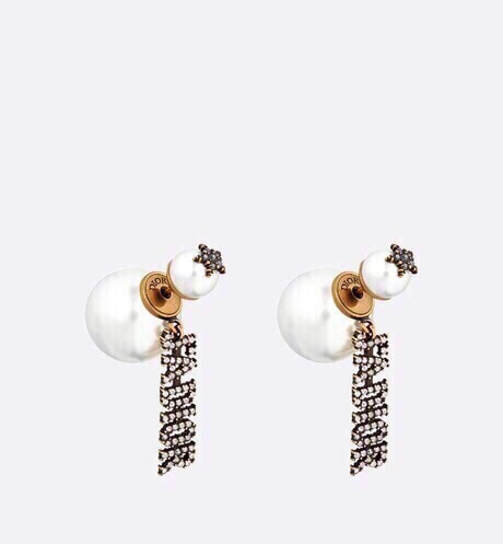 Dior Tribales earrings antique gold-tone metal white resin pearls clear crystal accents 3 5cm drop length