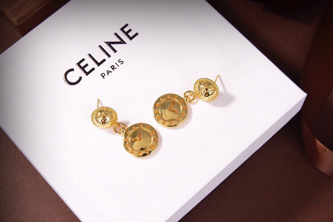 Celine Celestial Clock Drop Earrings earrings gold-tone metal with black and orange enamel star and moon detailing 2 5cm drop length