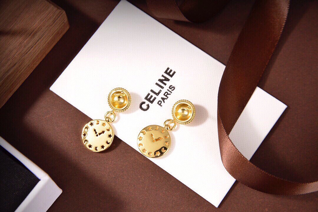 Celine Celestial Clock Drop Earrings earrings gold-tone metal with black and orange enamel star and moon detailing 2 5cm drop length