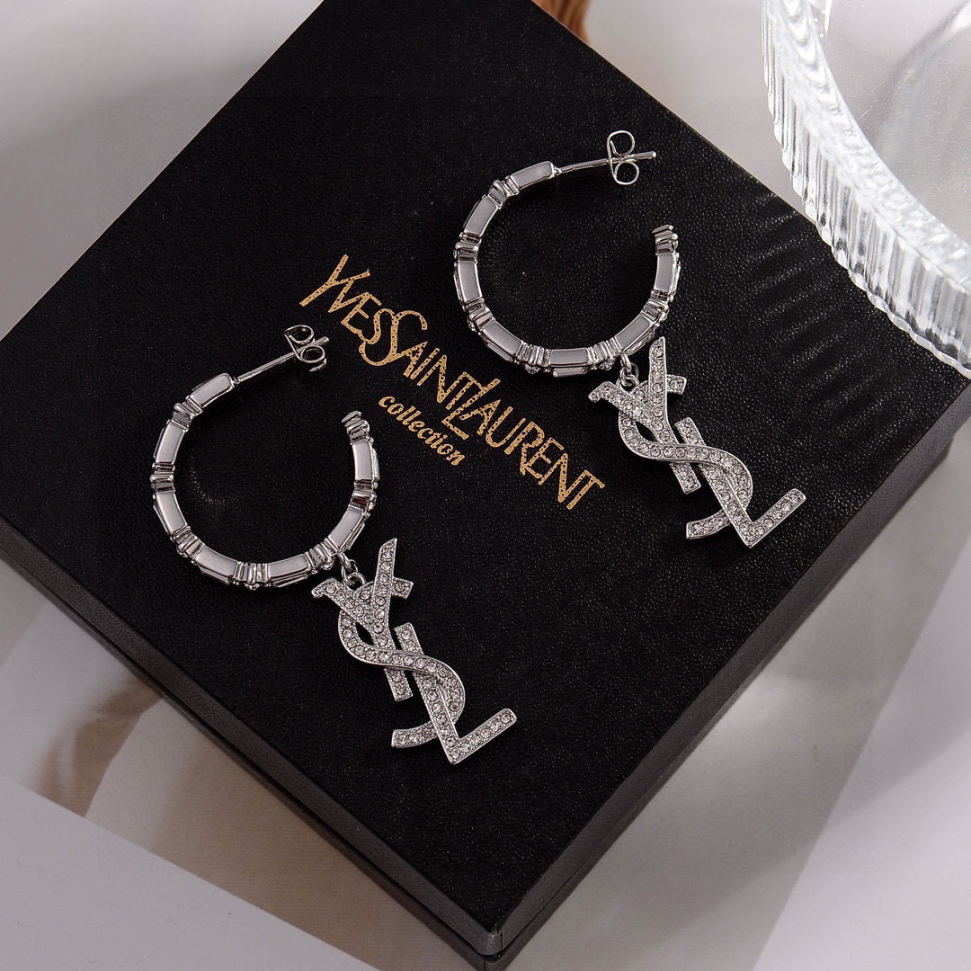 Saint Laurent Cassandre YSL Monogram Crystal Hoop Drop Earrings earrings silver-toned metal with clear crystal accents 3cm hoop diameter 5 5cm total drop length