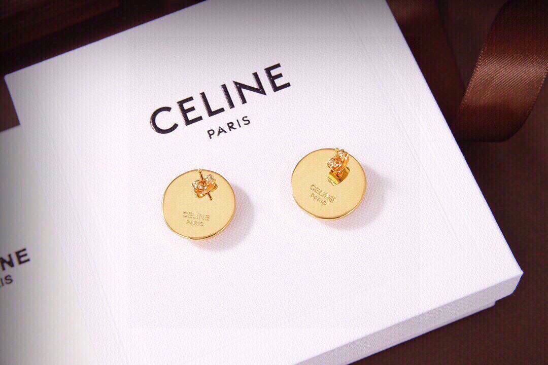 Celine Logo Coin Crystal Stud Earrings earrings gold-tone metal with clear crystal accents 1 5cm diameter