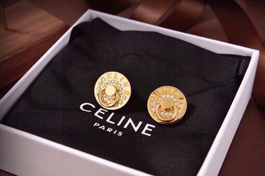 Celine Logo Coin Crystal Stud Earrings earrings gold-tone metal with clear crystal accents 1 5cm diameter