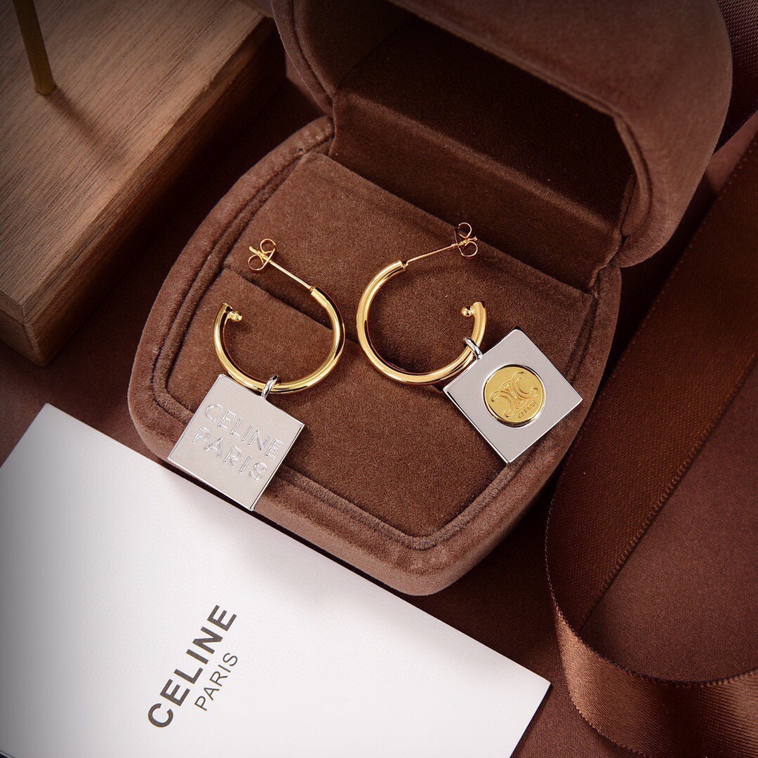 Celine Triomphe Square Tag Hoop Earrings earrings Two-tone gold and silver metal no gemstones 2cm hoop diameter