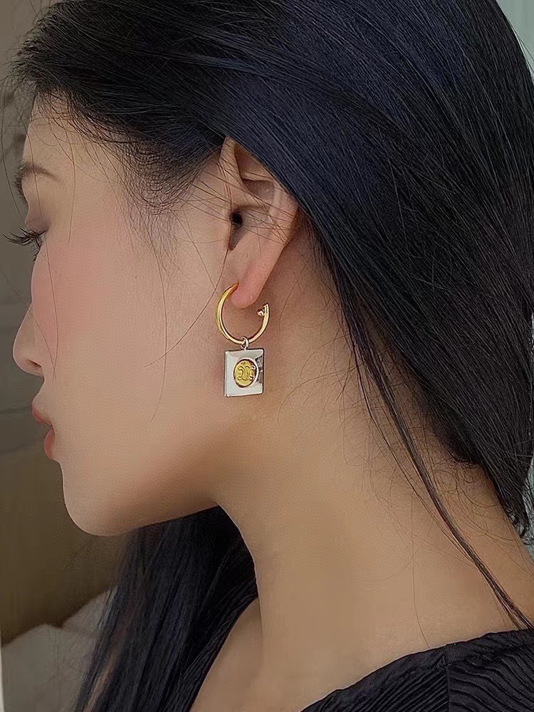 Celine Triomphe Square Tag Hoop Earrings earrings Two-tone gold and silver metal no gemstones 2cm hoop diameter