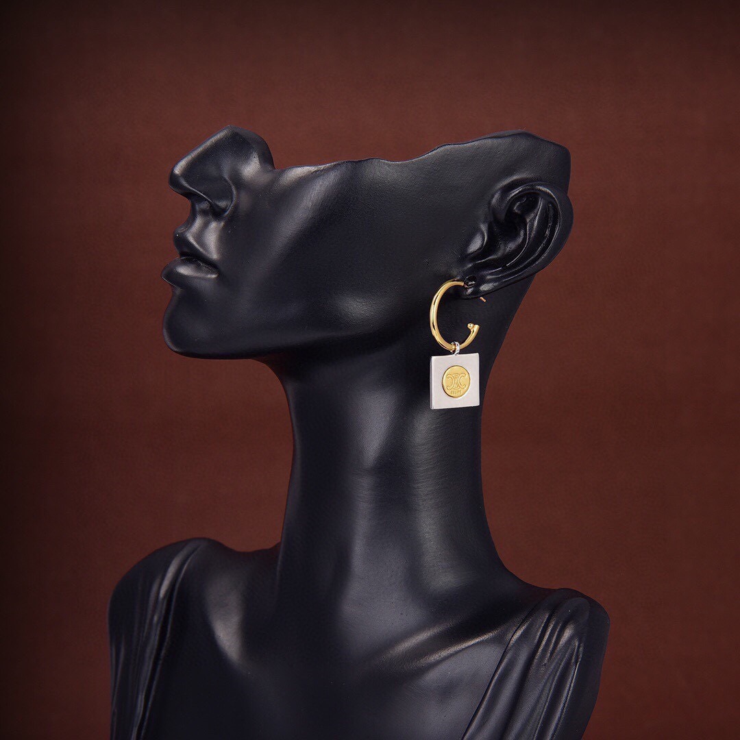 Celine Triomphe Square Tag Hoop Earrings earrings Two-tone gold and silver metal no gemstones 2cm hoop diameter