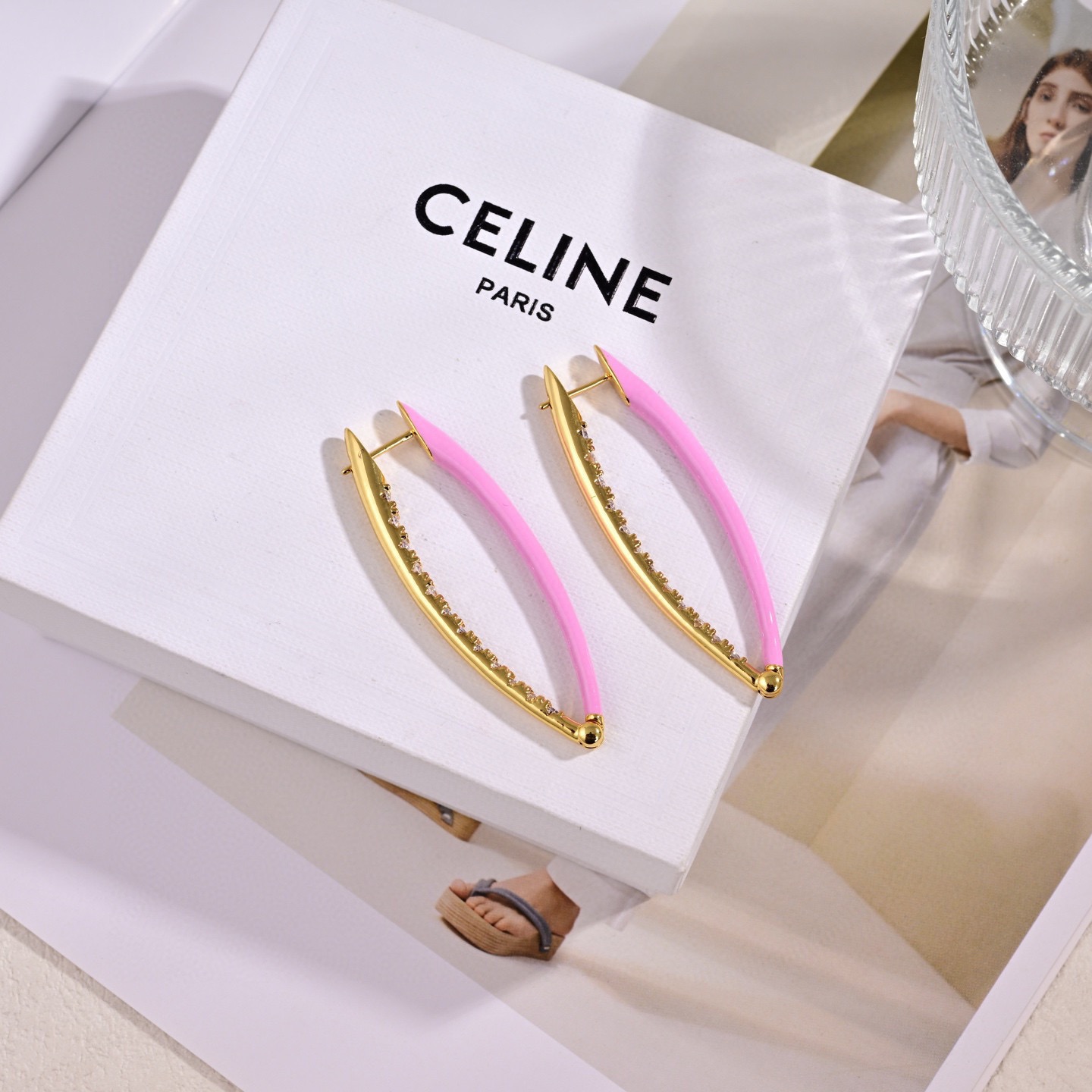 Celine Enamel Crystal Elongated Hoop Earrings earrings Gold-tone metal pink enamel clear crystal 5cm length