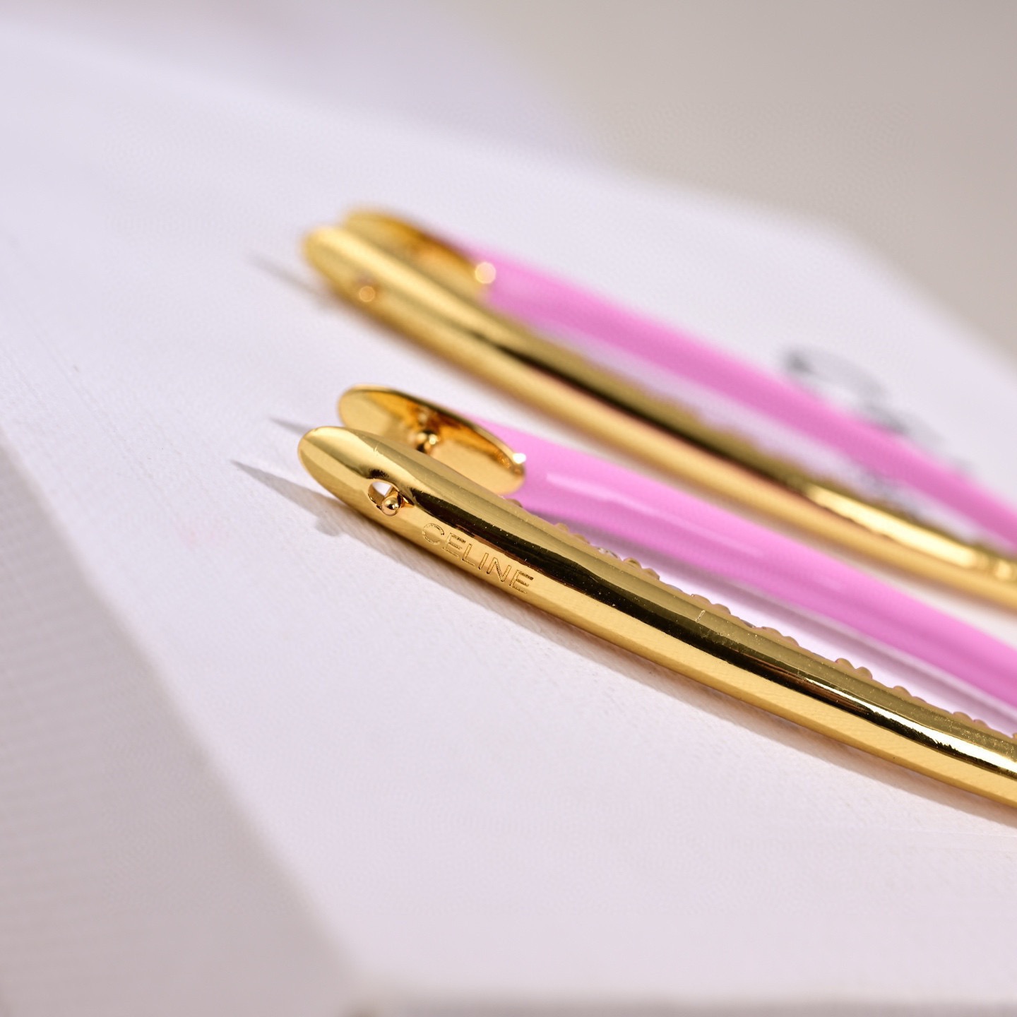 Celine Enamel Crystal Elongated Hoop Earrings earrings Gold-tone metal pink enamel clear crystal 5cm length