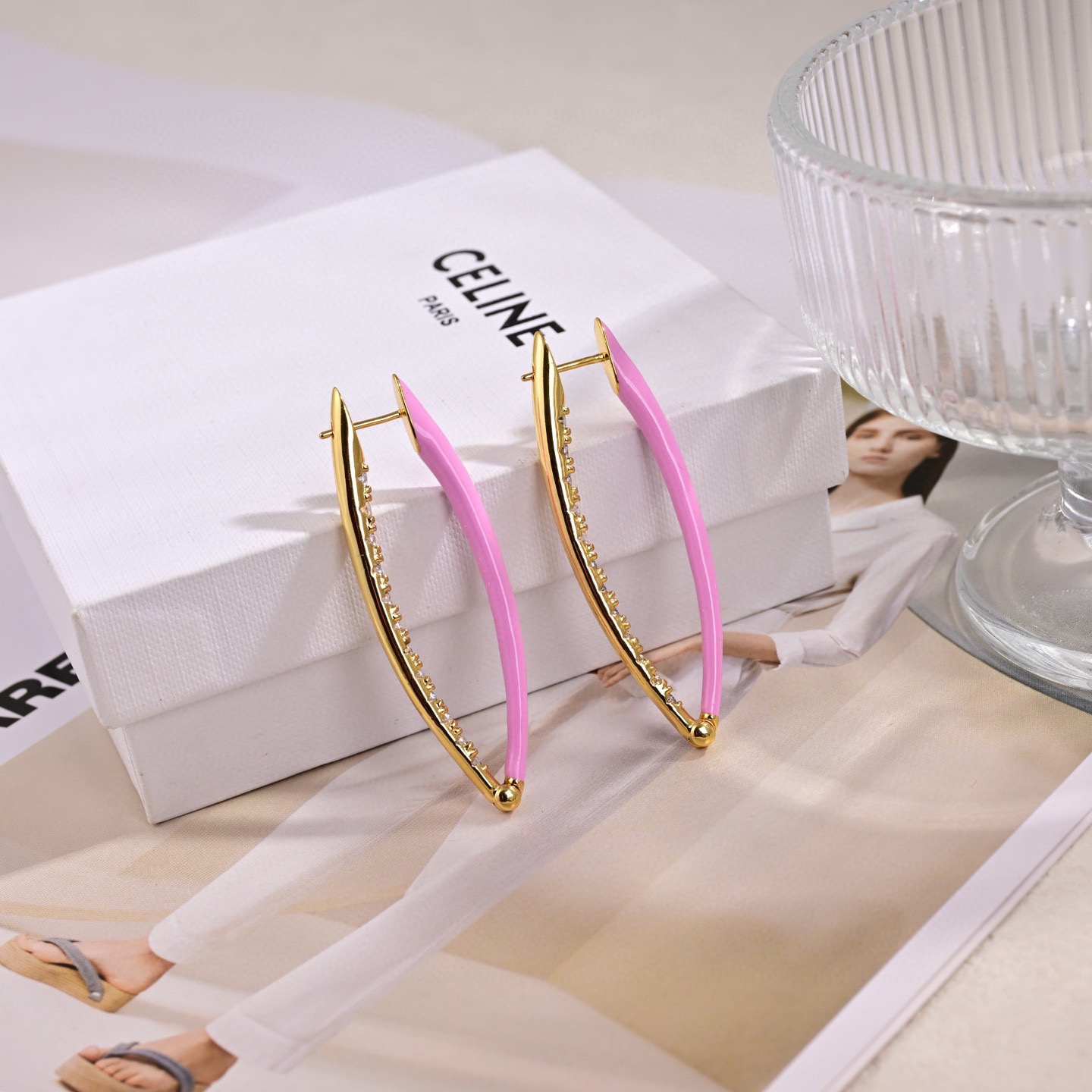 Celine Enamel Crystal Elongated Hoop Earrings earrings Gold-tone metal pink enamel clear crystal 5cm length