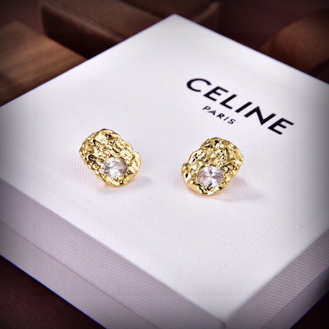 Celine PRECLOUS earrings gold-tone metal with clear faceted stones 1 5cm length
