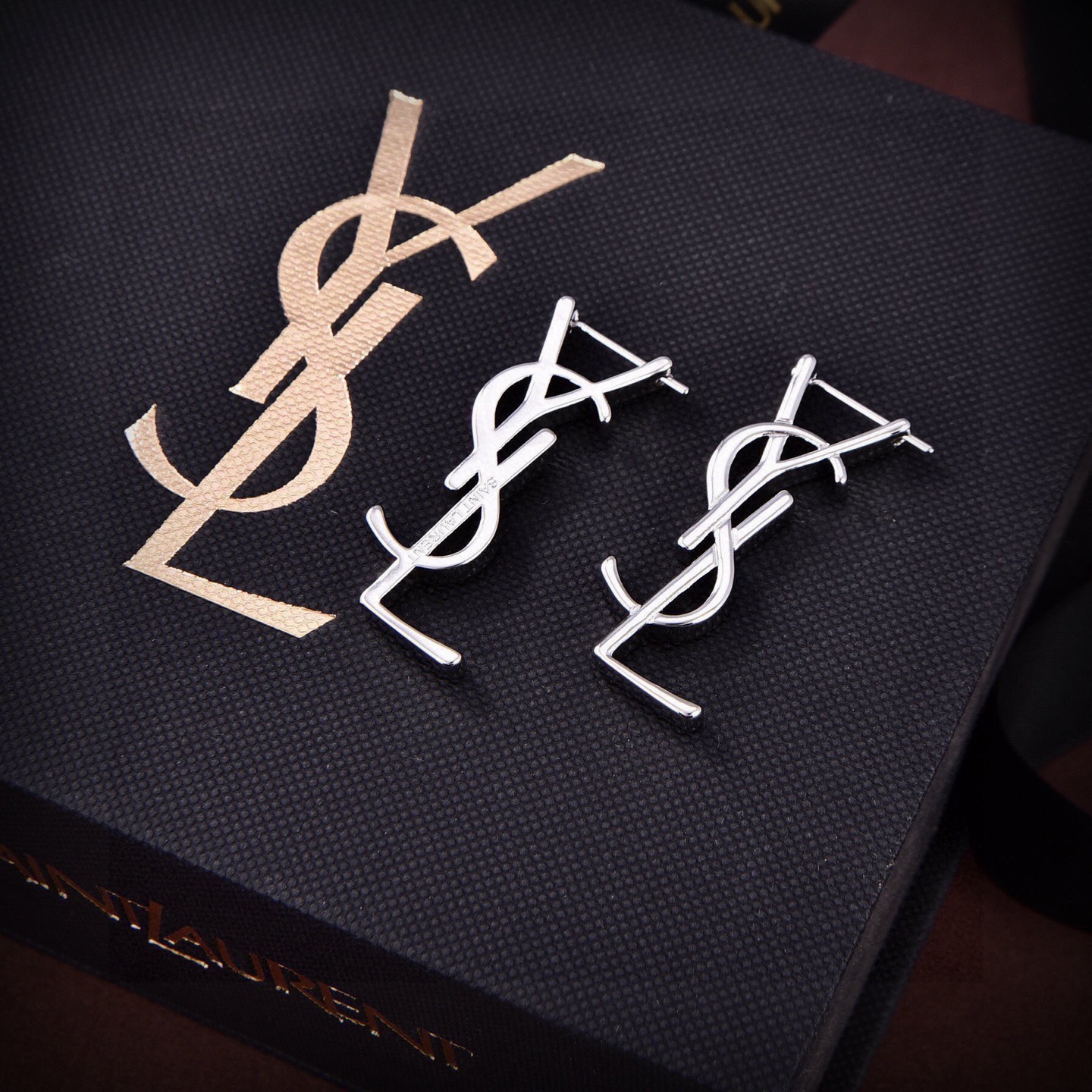 Saint Laurent Cassandre YSL Monogram earrings silver-toned metal no gemstones 3 5cm length