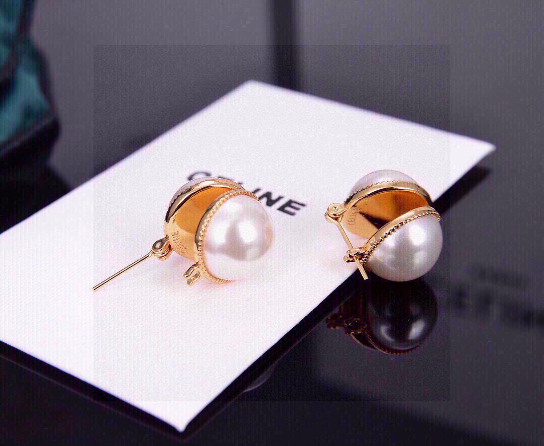 Celine Pearl Dome Huggie Hoop Earrings earrings gold-tone metal with white pearl 1 5cm diameter
