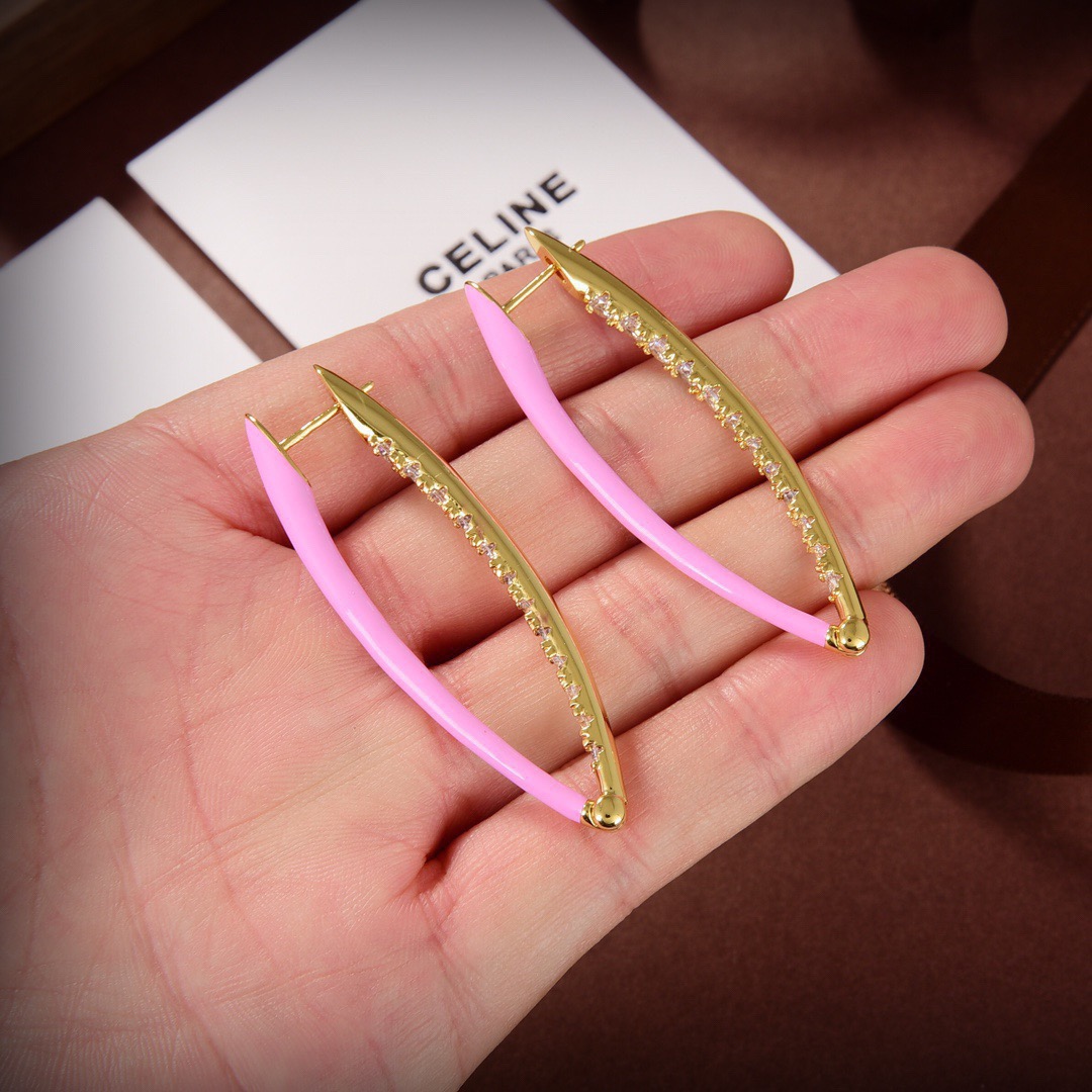 Celine PRECLOUS earrings 18k gold tone metal with clear crystals available in white enamel and pink enamel variants 5cm length