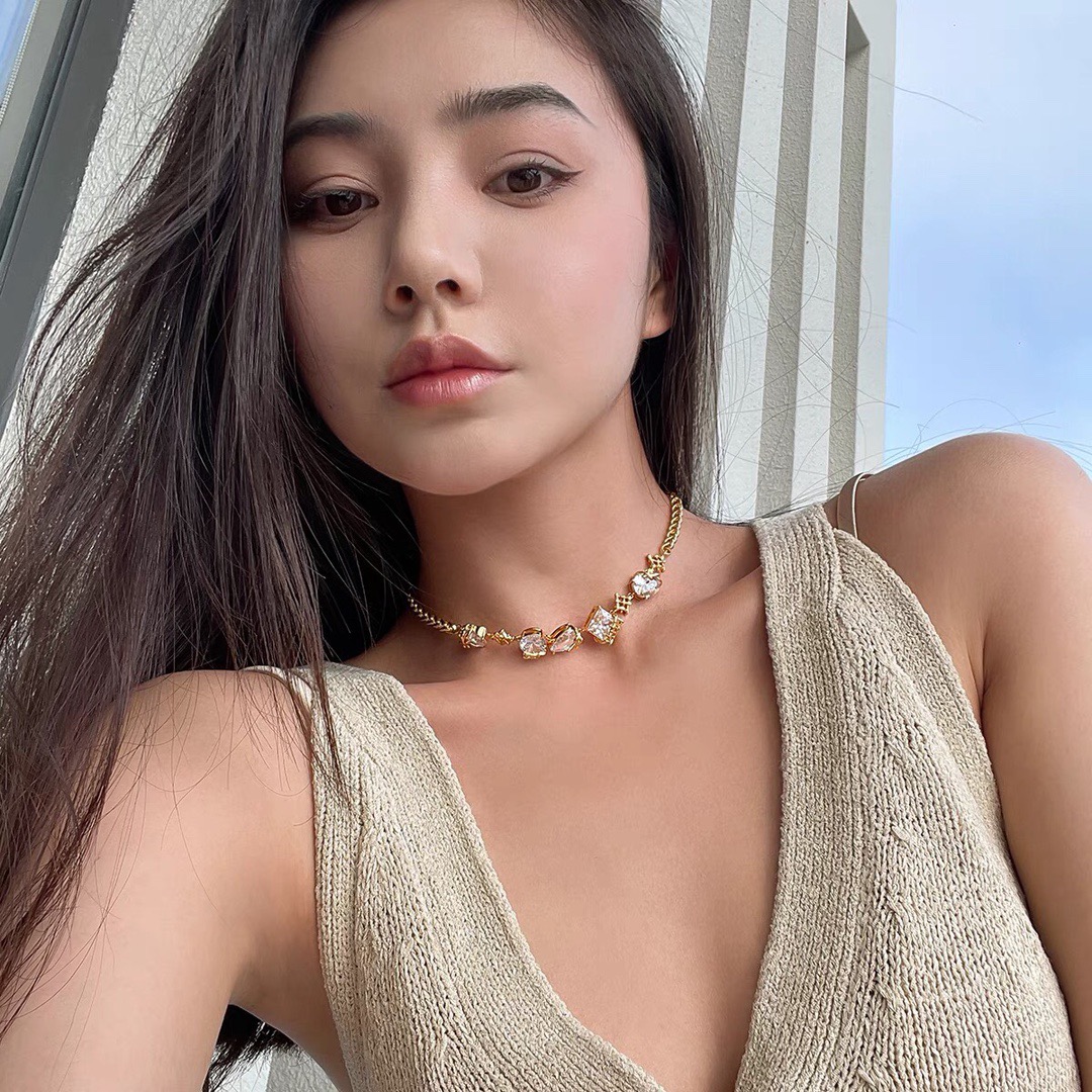 Celine Crystal Embellished Triomphe Choker necklace Gold-tone metal with clear faceted crystals 38cm