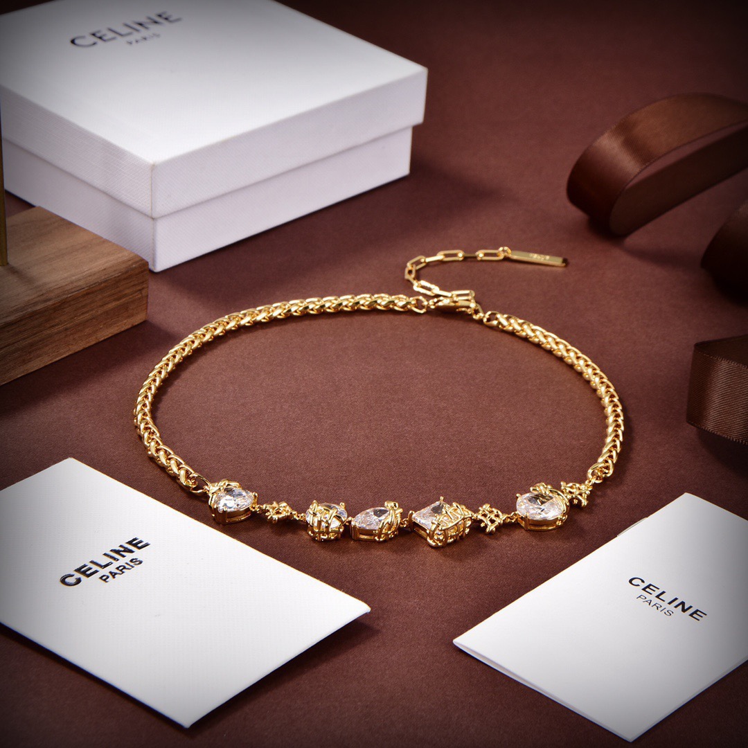 Celine Crystal Embellished Triomphe Choker necklace Gold-tone metal with clear faceted crystals 38cm