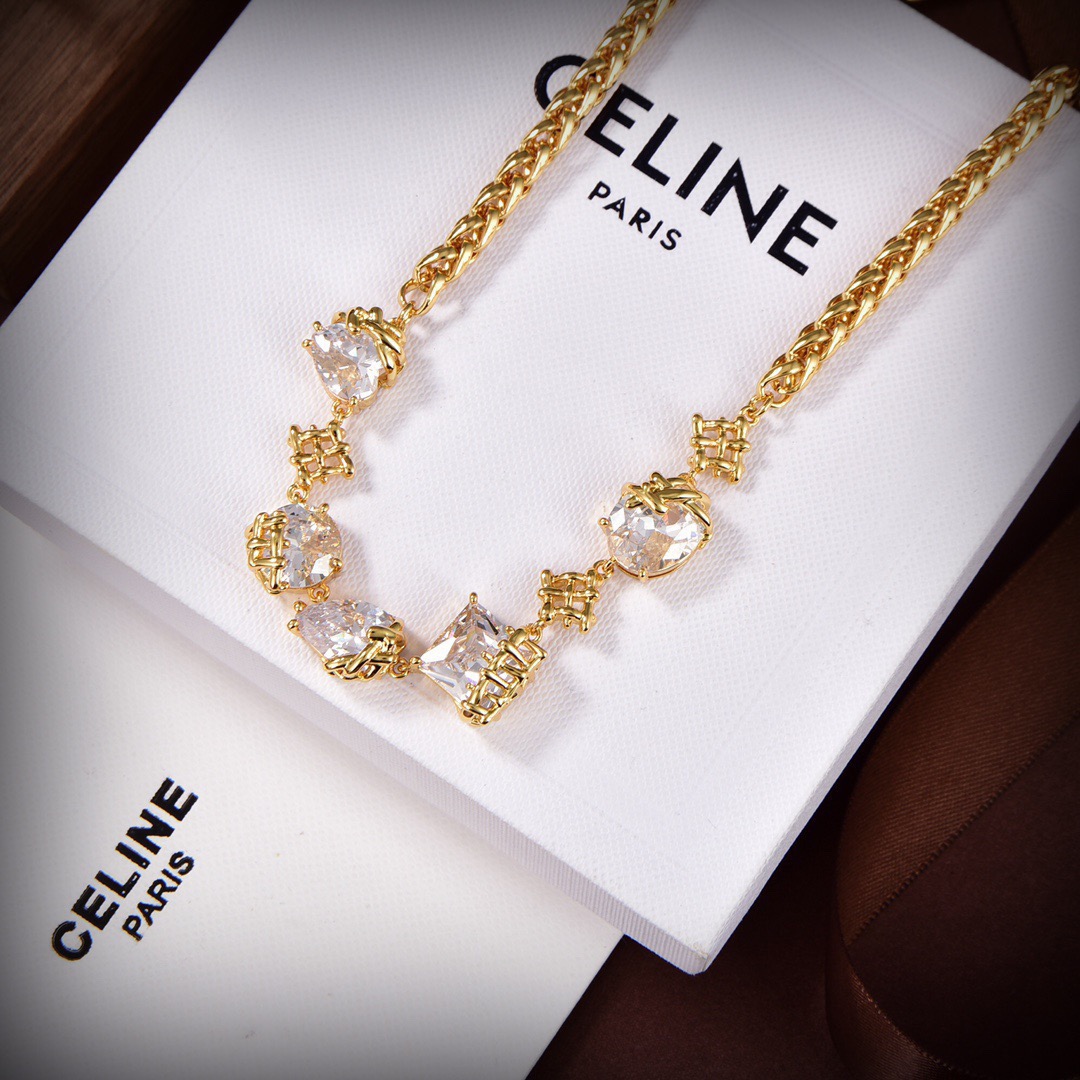 Celine Crystal Embellished Triomphe Choker necklace Gold-tone metal with clear faceted crystals 38cm