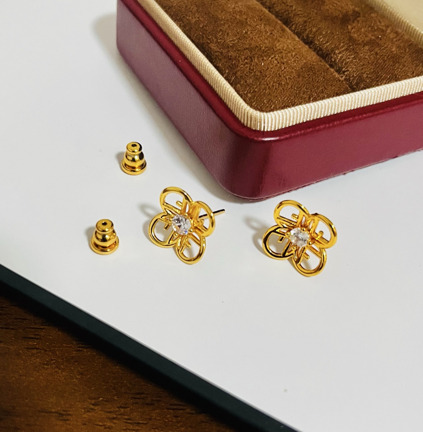 Fendi FF Logo Flower Stud Earrings earrings gold-tone metal with clear faceted center stone 10mm stud diameter