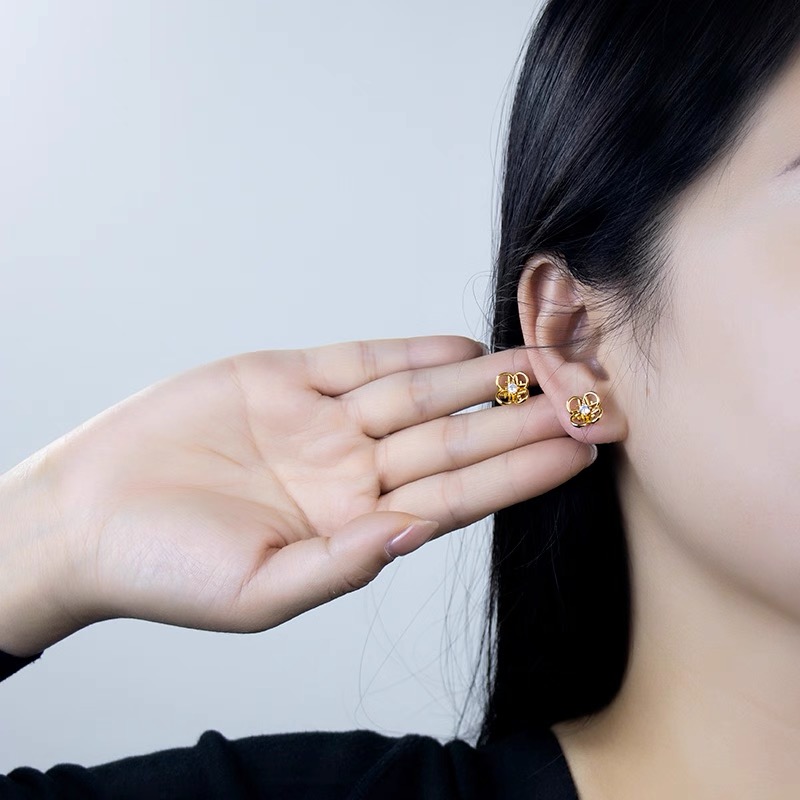 Fendi FF Logo Flower Stud Earrings earrings gold-tone metal with clear faceted center stone 10mm stud diameter