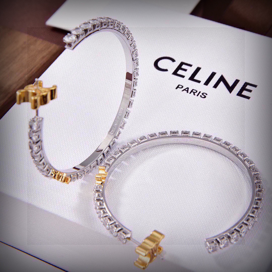Celine Triomphe Crystal Hoop earrings Two-tone gold and silver metal with clear crystal stones 4cm diameter