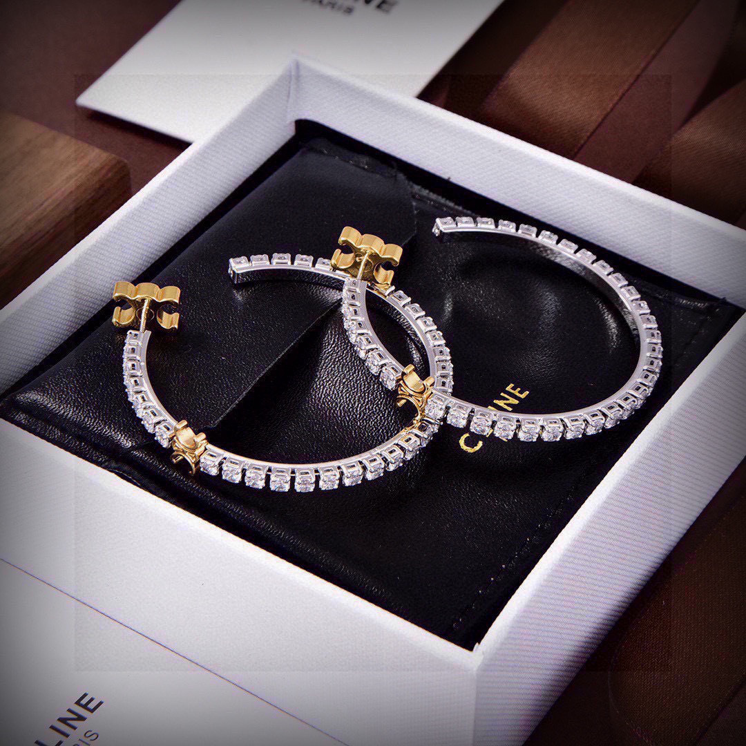 Celine Triomphe Crystal Hoop earrings Two-tone gold and silver metal with clear crystal stones 4cm diameter