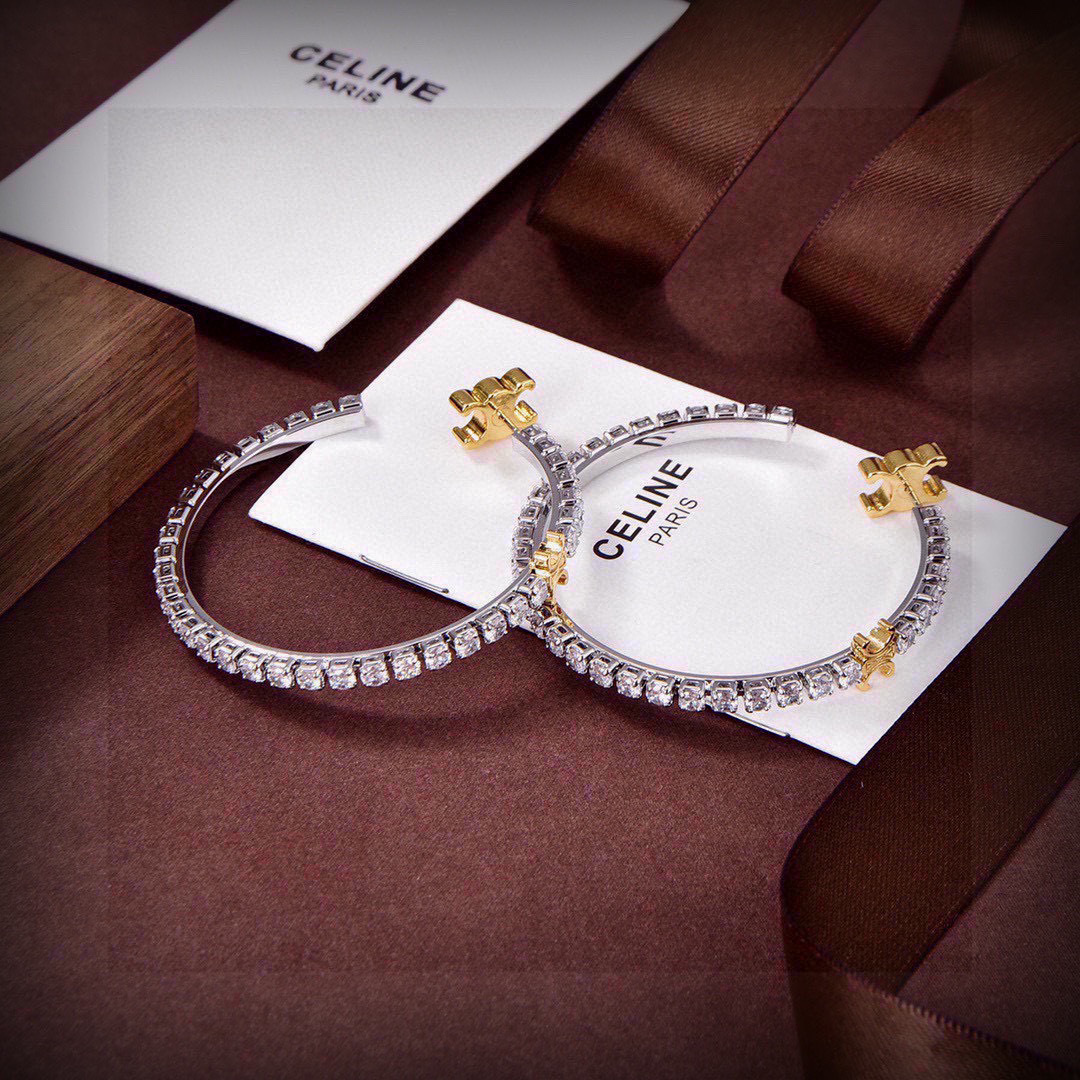 Celine Triomphe Crystal Hoop earrings Two-tone gold and silver metal with clear crystal stones 4cm diameter