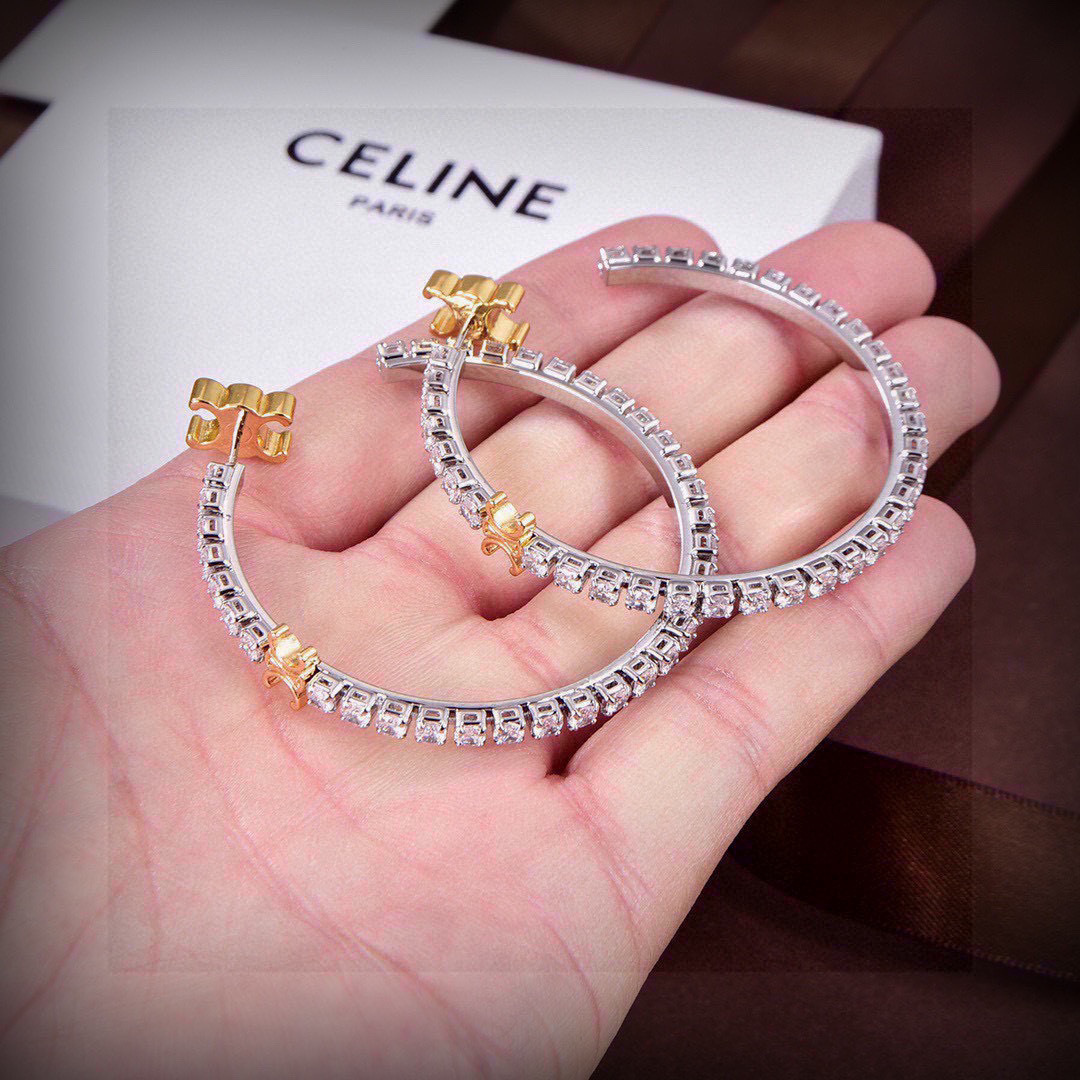 Celine Triomphe Crystal Hoop earrings Two-tone gold and silver metal with clear crystal stones 4cm diameter