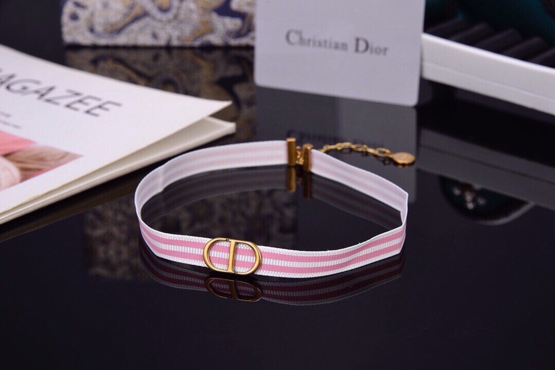 Dior J Adior CD Choker necklace Antique gold-tone metal with black and white striped ribbon or antique gold-tone metal with pink and white striped ribbon 35cm with 5cm extension chain