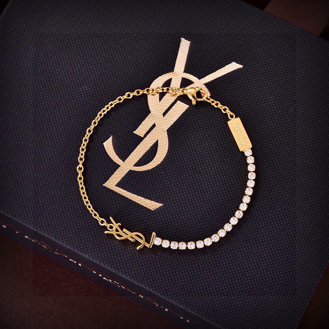Saint Laurent Cassandre YSL 1961 Crystal Chain Bracelet bracelet gold-tone metal with clear faceted crystals 17cm with 3cm extension