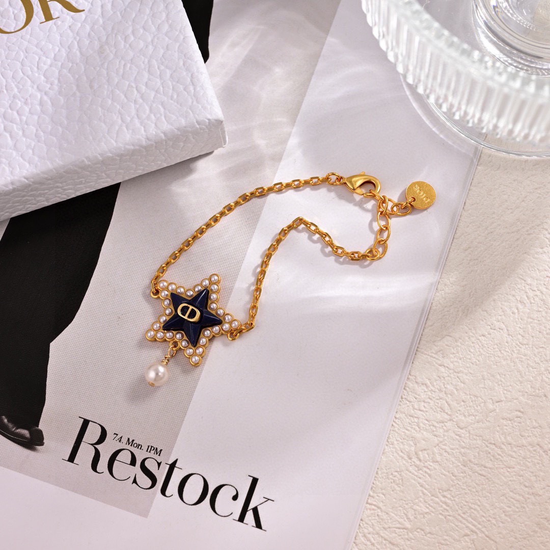 Dior Petit CD Lucky Baroque necklace gold-tone metal with navy blue enamel white pearl accents 42cm with 5cm extender chain