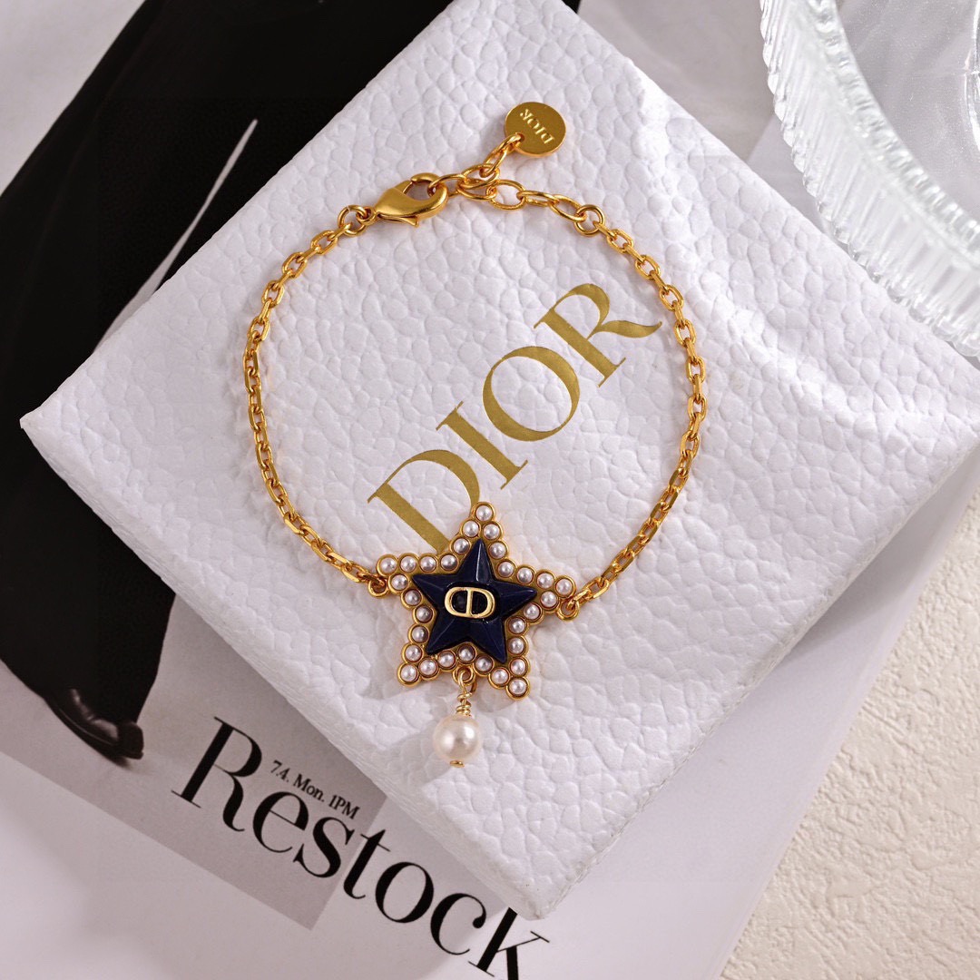 Dior Petit CD Lucky Baroque necklace gold-tone metal with navy blue enamel white pearl accents 42cm with 5cm extender chain