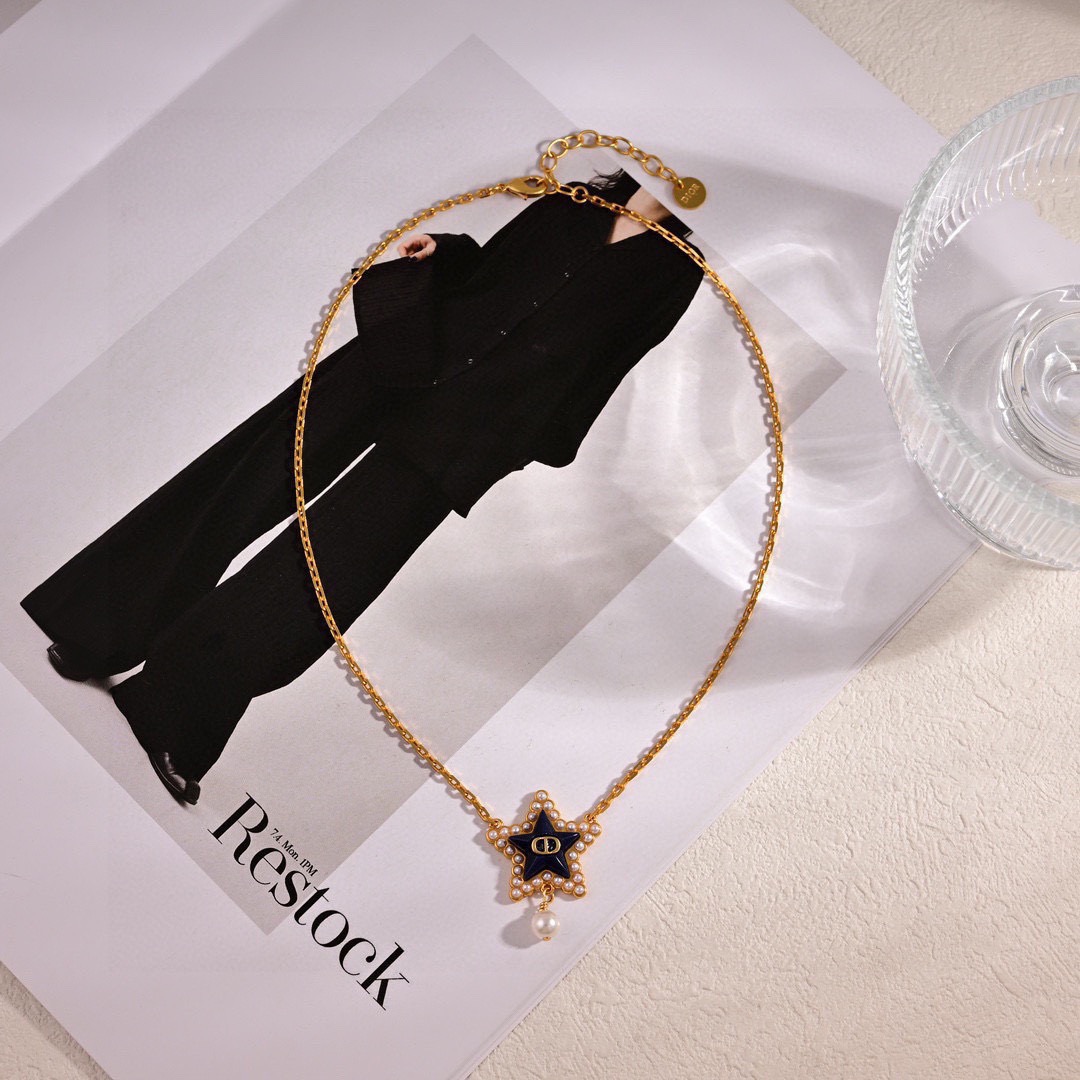 Dior Petit CD Lucky Baroque necklace gold-tone metal with navy blue enamel white pearl accents 42cm with 5cm extender chain