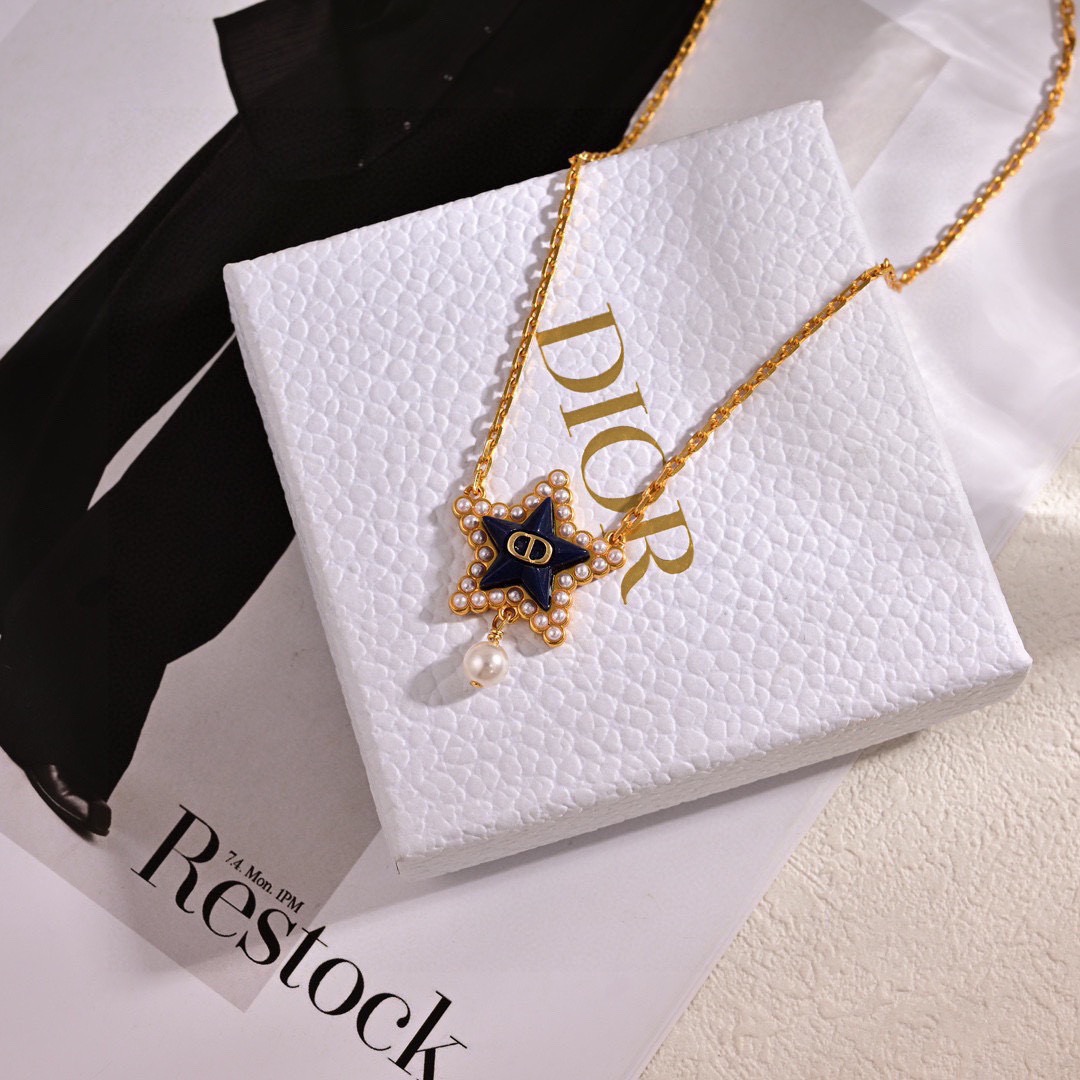 Dior Petit CD Lucky Baroque necklace gold-tone metal with navy blue enamel white pearl accents 42cm with 5cm extender chain