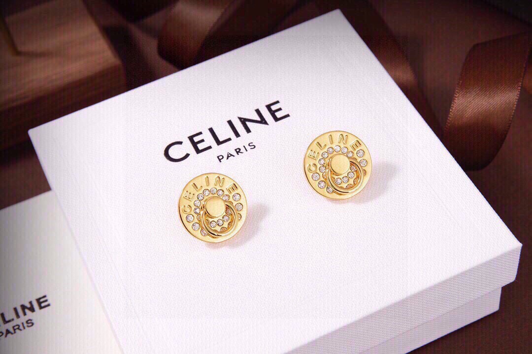 Celine Logo Crystal Circle Stud Earrings earrings gold-tone metal with clear crystal accents 1 5cm diameter